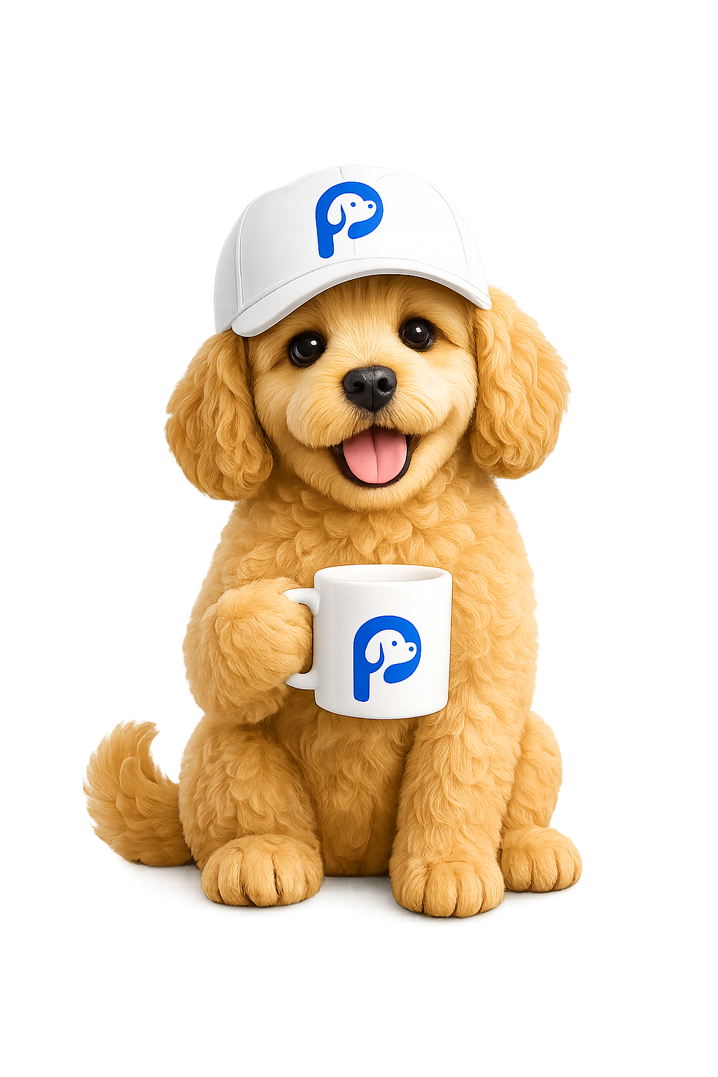 Pet Site Design dog mascot with a hat and mug